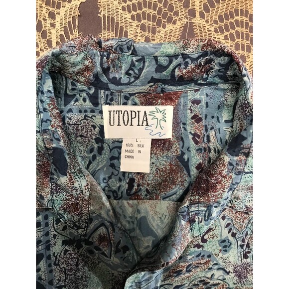 Vintage 90s Silk Button Front Shirt Size Large 1990s Mens Retro Blue Boho Chic - Picture 3 of 5